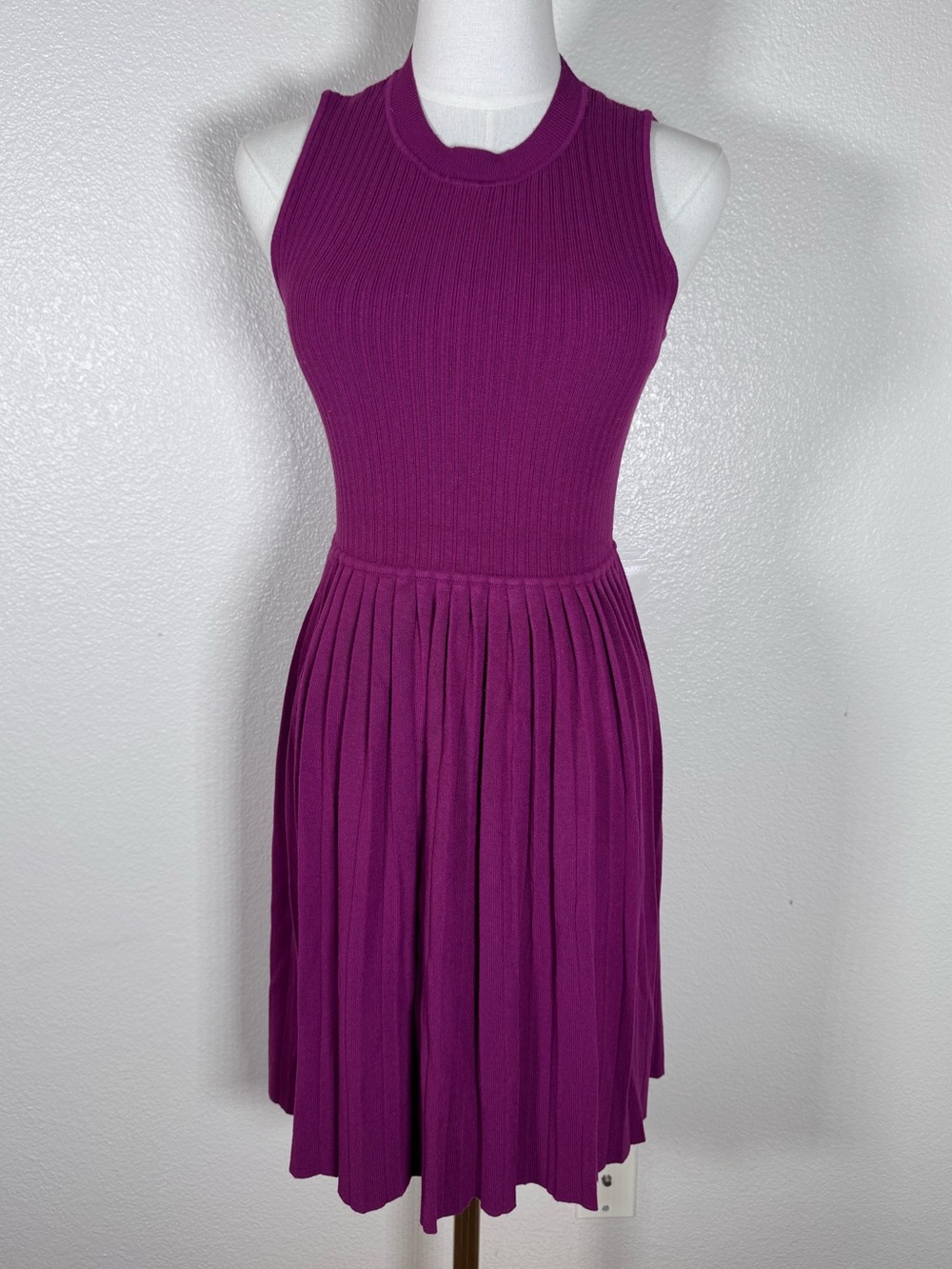 Sleeveless Pleated Knit Dress in Deep Magenta